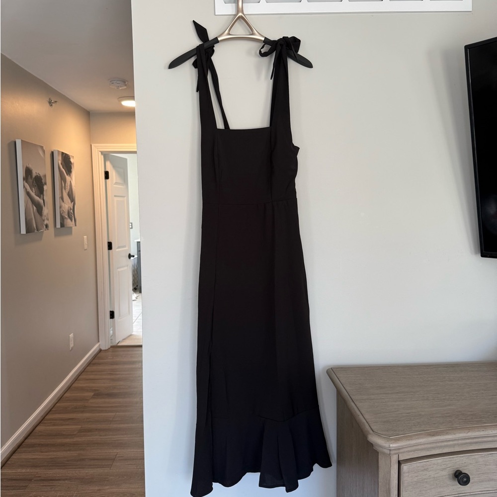 Black Smocked bowed Midi Dress